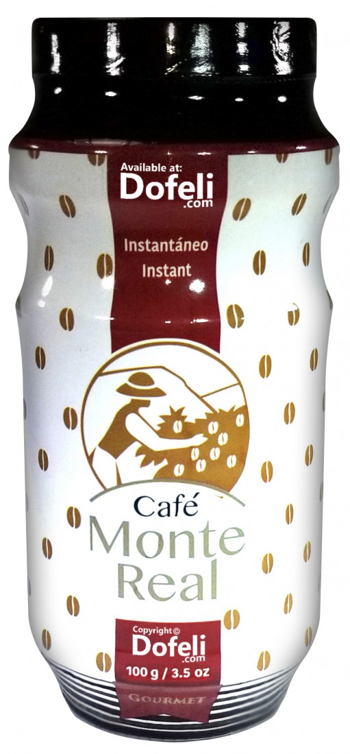 Dominican Monte Real instant coffee made from 99.99% pure coffee beans with a hint of chocolate flavor.